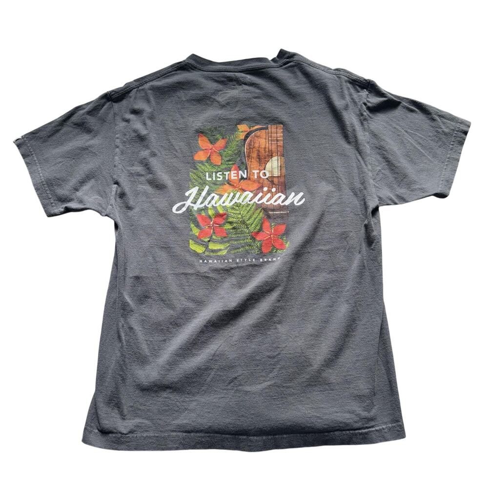 HAWAIIAN STYLE LISTEN TO HAWAIIAN T SHIRT GRAY UKULELE FLORAL MEN’S SIZE L